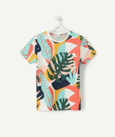 T-shirty - Koszulki Rayon - BIAŁY T-SHIRT Z BAWEŁNY Z RECYKLINGU W KOLOROWE LIŚCIE