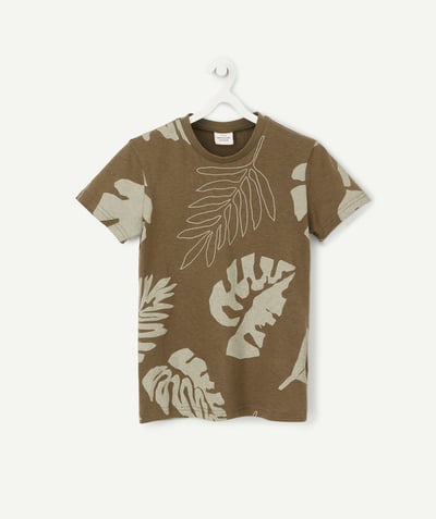 T-shirty - Koszulki Rayon - T-SHIRT KHAKI Z NADRUKIEM W LIŚCIE Z BAWEŁNY Z RECYKLINGU