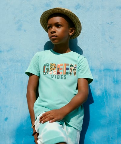 Boy radius - GREEN T-SHIRT IN RECYCLED COTTON WITH A COLOURED EMBROIDERED MESSAGE
