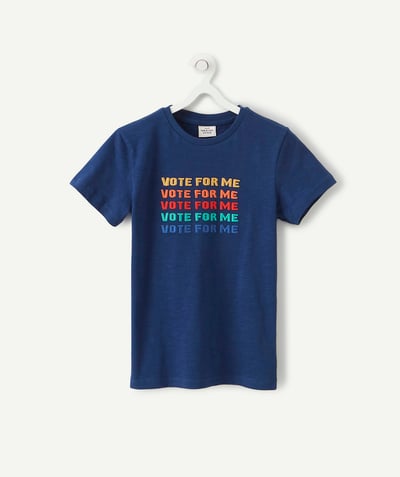 T-shirty - Koszulki Rayon - GRANATOWY T-SHIRT Z BAWEŁNY Z RECYKLINGU Z KOLOROWYMI NAPISAMI