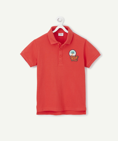Koszule - Koszulki Polo Rayon - CZERWONY T-SHIRT POLO Z BAWEŁNY Z NASZYWKĄ