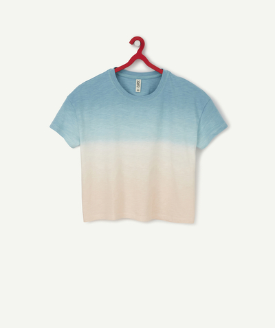 T-shirty - Koszulki Rayon - KRÓTKI NIEBIESKO-RÓŻOWY T-SHIRT Z BAWEŁNY EKOLOGICZNEJ