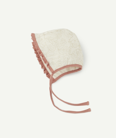 Accessories radius - BABY GIRLS' BONNET IN CREAM AND PINK WITH EMBROIDERED DETAILS