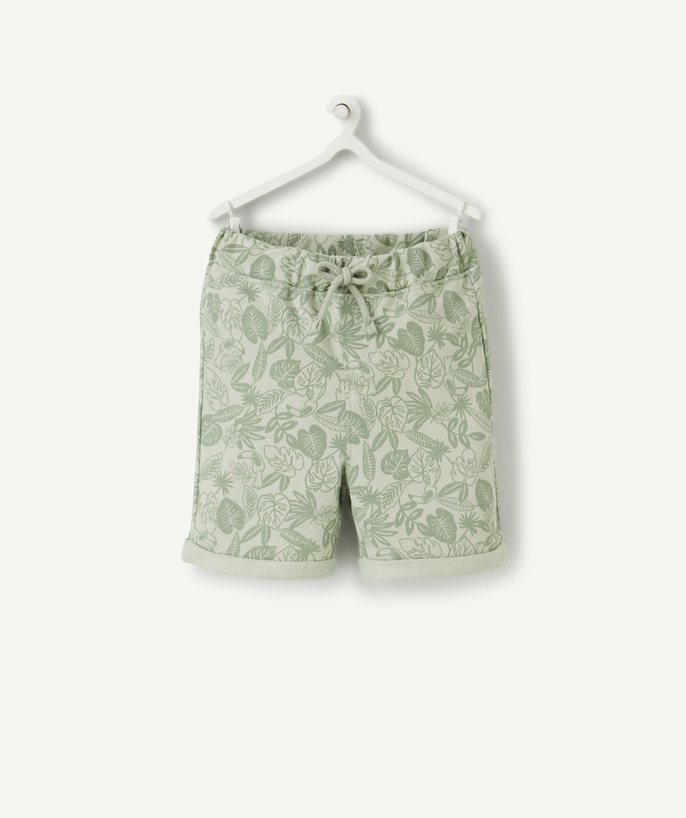 Shorts - Bermuda shorts family - BABY BOYS' SHORTS IN GREEN RECYCLED COTTON WITH A TROPICAL PRINT