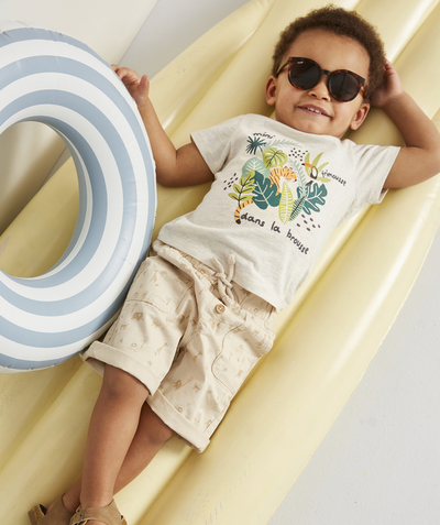Shorts - Bermuda shorts family - BABY BOYS' BERMUDA SHORTS IN BEIGE RECYCLED FIBERS WITH A TROPICAL PRINT