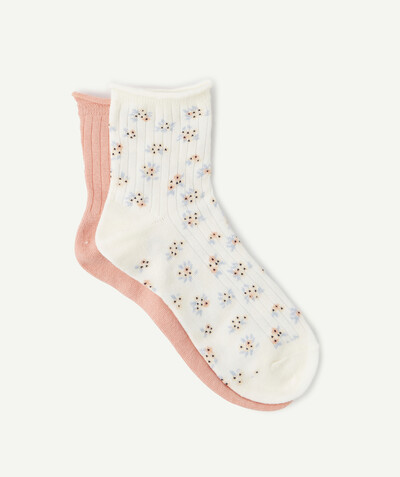 Teen girls' clothing Tao Categories - LONG PINK AND WHITE FLOWER-PATTERNED SOCKS