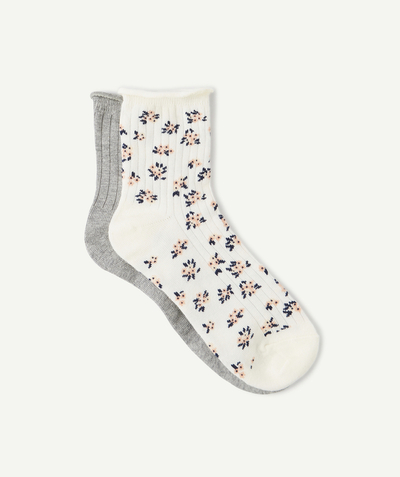 Teen girls' clothing Tao Categories - PACK OF LONG WHITE AND GREY FLOWER-PATTERNED SOCKS