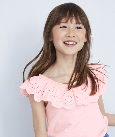 Shirt - Blouse Tao Categories - PINK T-SHIRT IN ORGANIC COTTON WITH A BRODERIE ANGLAIS,