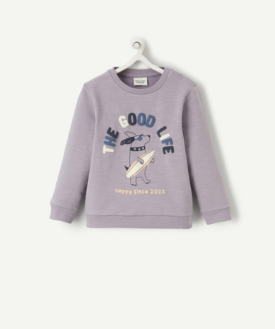 Pullover - Sweatshirt radius - BOYS' VIOLET ORGANIC COTTON SWEATSHIRT WITH A MESSAGE AND A DOG