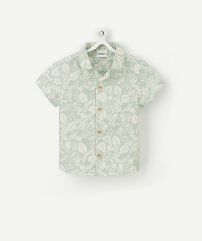 Shirt - Blouse Tao Categories - BABY BOYS' SHIRT IN SEA GREEN COTTON PRINTED WITH LEAVES