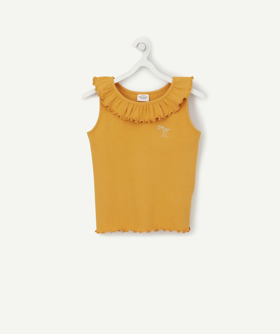 ECODESIGN radius - YELLOW RIBBED T-SHIRT IN ORGANIC COTTON WITH GATHERING AND A FUN DESIGN