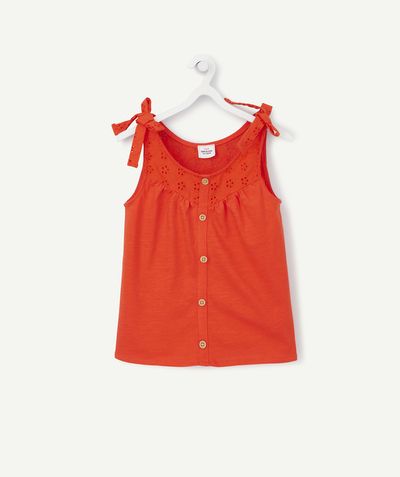 Girl radius - RED T-SHIRT IN ORGANIC COTTON WITH BRODERIE ANGLAIS DETAILS