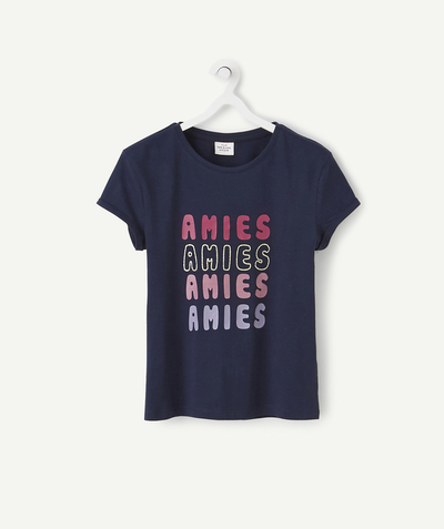 TOP radius - NAVY BLUE T-SHIRT IN RECYCLED COTTON WITH COLOURED MESSAGES