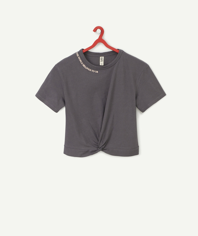 Tee-shirt radius - GREY ORGANIC COTTON T SHIRT WITH A PINK MESSAGE