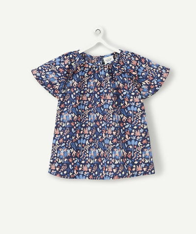 Shirt - polo Tao Categories - BABY GIRLS' NAVY BLUE COTTON BLOUSE WITH A FLORAL PRINT