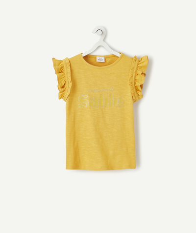 T-shirty - Koszulki Rayon - MUSZTARDOWY T-SHIRT Z BAWEŁNY EKOLOGICZNEJ Z POŁYSKUJĄCYM NAPISEM