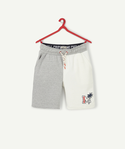 Outlet radius - GREY AND WHITE FLEECE BERMUDA SHORTS WITH A PALM TREE MOTIF