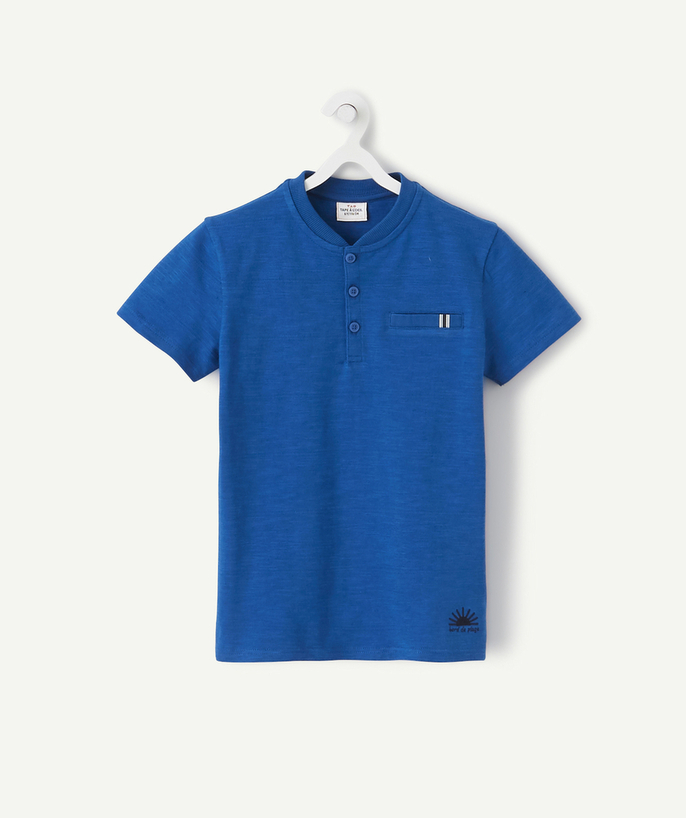 Low prices radius - BLUE T-SHIRT IN ORGANIC COTTON WITH A GRANDAD COLLAR