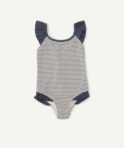 Swimwear family - GIRLS' ONE-PIECE BLUE AND WHITE STRIPED SWIMSUIT IN RECYCLED FIBRES