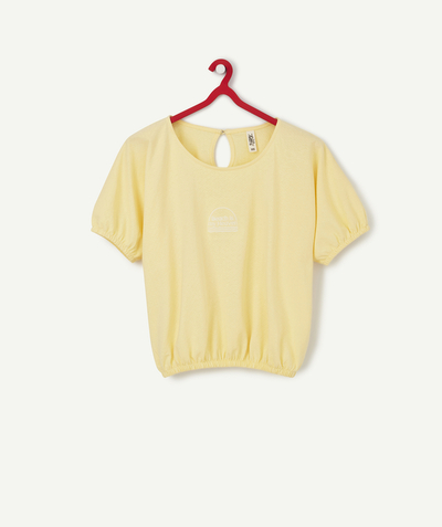 Teen girls' clothing Tao Categories - YELLOW CROPPED T-SHIRT IN RECYCLED FIBERS WITH AN EMBROIDERED PATCH