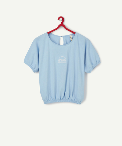 Private sales radius - BLUE CROPPED T-SHIRT IN RECYCLED COTTON WITH AN EMBROIDERED PATCH