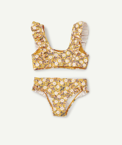 Swimwear family - GIRLS' YELLOW TWO-PIECE SWIMSUIT IN RECYCLED FIBRES WITH A FLORAL PRINT