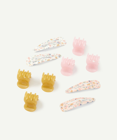 Baby-girl radius - SET OF FOUR BABY GIRLS' FLOWER-PATTERNED HAIR SLIDES AND SIX COLOURED HAIR CLIPS