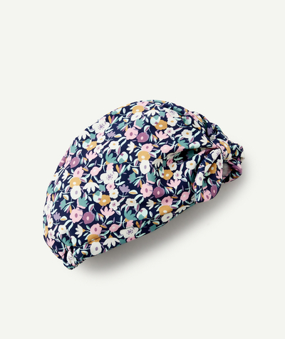 Beach collection radius - BABY GIRLS' BATH TURBAN IN RECYCLED FIBRES, NAVY BLUE WITH A FLORAL PRINT