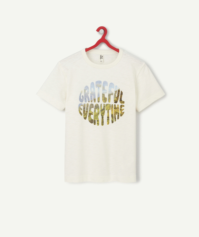 T-shirt Onderafdeling,Onderafdeling - ECRU T-SHIRT JONGENS IN GERECYCLEERD KATOEN MET BOODSCHAP