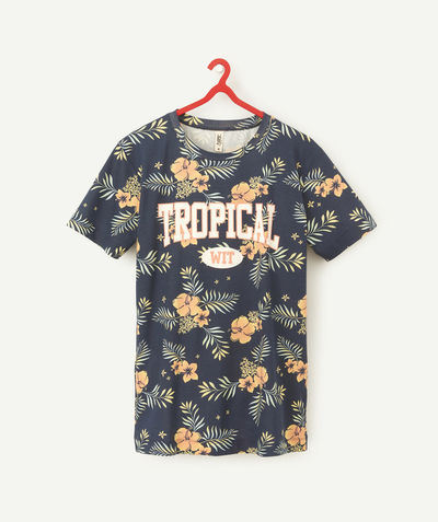 Tops family - BOYS' T-SHIRT IN ORGANIC COTTON WITH A TROPICAL PRINT AND MESSAGE