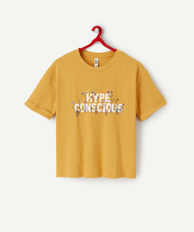 New collection Sub radius in - GIRLS' T-SHIRT IN MUSTARD YELLOW ORGANIC COTTON WITH A MESSAGE