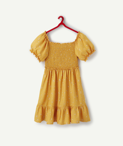 Bottoms family - GIRLS' YELLOW DRESS IN ECO-FRIENDLY VISCOSE WITH A FLORAL PRINT