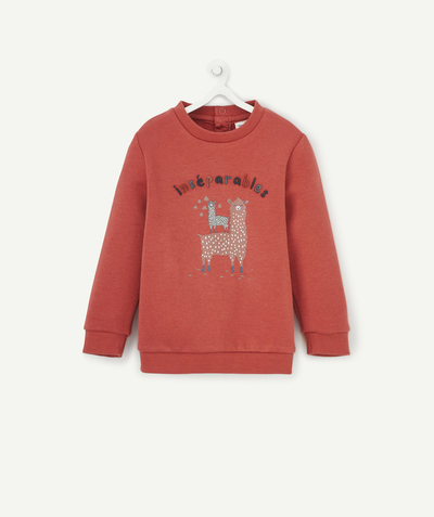 Comfortable fleece radius - BABY BOYS' RED SWEATSHIRT IN RECYCLED COTTON WITH AN EMBROIDERED MESSAGE