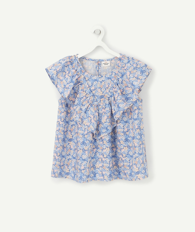 Shirt - Blouse radius - GIRLS' BLUE FLORAL PRINT BLOUSE WITH GOLDEN THREADS AND FRILLS