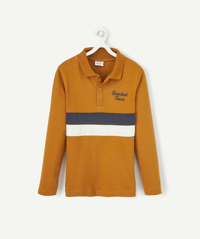 Private sales radius - BOYS' OCHRE COLOURED POLO SHIRT WITH BANDS AND AN EMBROIDERED MESSAGE