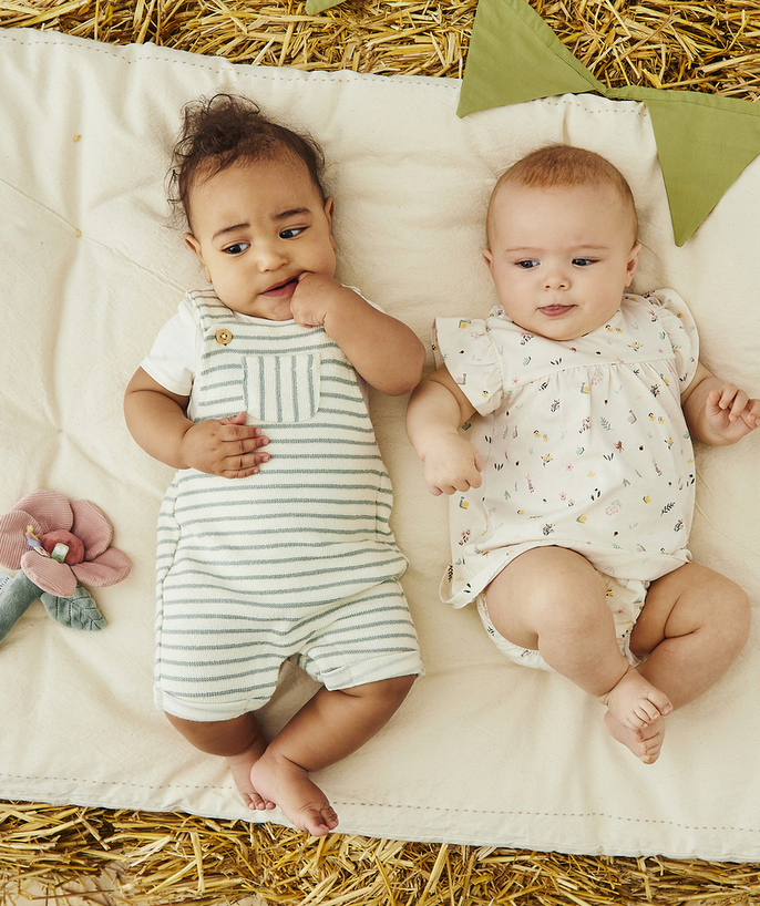 Essentials : 50% off 2nd item* family - BABY DUNGAREES WITH STRAPS AND SEA GREEN STRIPES