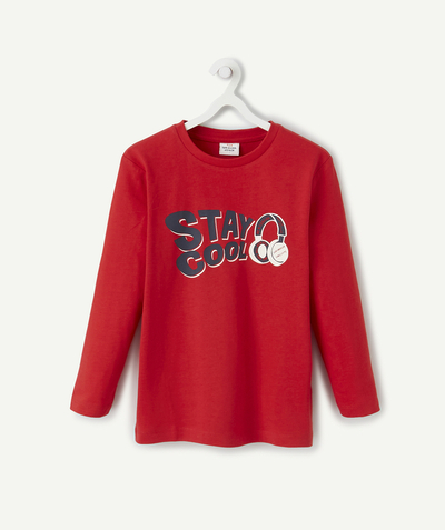 TEE SHIRT Tao Categories - RED T-SHIRT IN ORGANIC COTTON WITH FLOCKED MUSIC