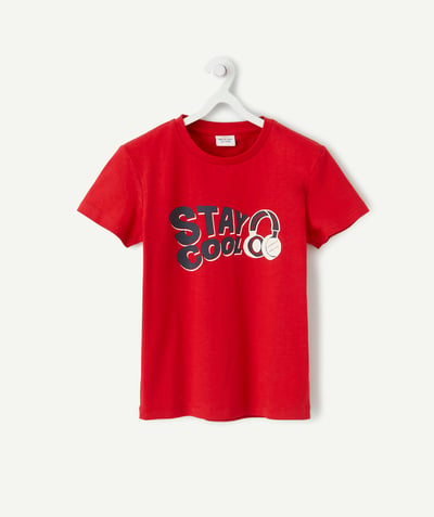 Boy radius - RED T-SHIRT IN ORGANIC COTTON WITH A NAVY DESIGN