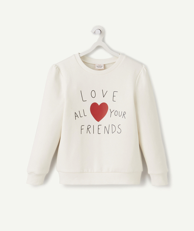 Comfortable fleece radius - GIRLS' WHITE SWEATSHIRT IN RECYCLED COTTON WITH A MESSAGE AND A HEART MOTIF