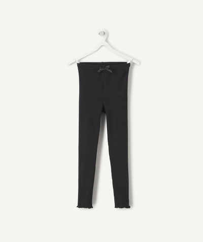 Trousers - jogging pants radius - GIRLS' BLACK RIBBED LEGGINGS IN ORGANIC COTTON WITH SCALLOPED DECORATION