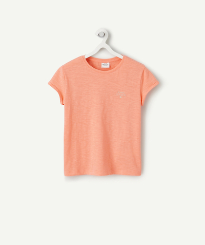 Tee-shirt radius - GIRLS' FLUORESCENT ORANGE T-SHIRT IN RECYCLED FIBERS WITH A MESSAGE