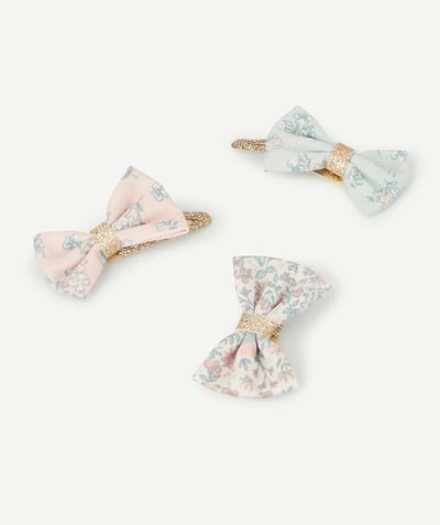 Baby-girl radius - SET OF THREE GOLDEN HAIR CLIPS WITH FLORAL BOWS