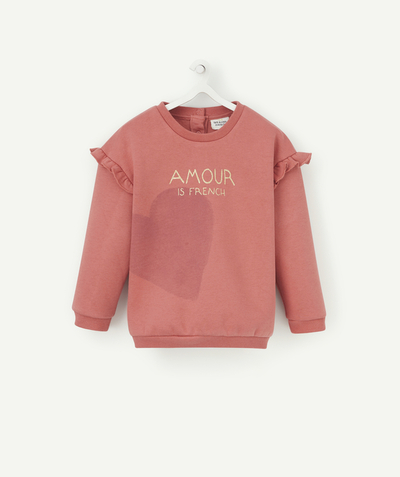 Baby Tao Categories - BABY GIRLS' PINK RECYCLED COTTON SWEATSHIRT WITH RUFFLES AND MESSAGE