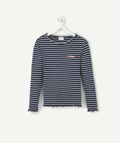 TOP radius - GIRLS' RIBBED AND STRIPED NAVY BLUE T-SHIRT IN ORGANIC COTTON