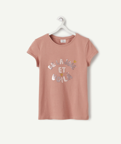 T-shirt Rayon - LE T-SHIRT ROSE EN COTON BIOLOGIQUE AVEC MESSAGE EN SEQUINS