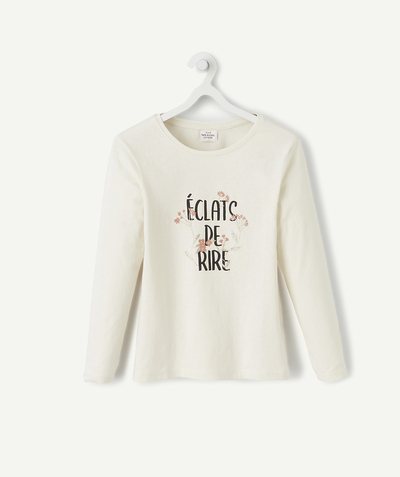 T-shirt Rayon - T-SHIRT BLANC EN COTON BIO AVEC MESSAGE ET FLEURS PAILLETÉES FILLE
