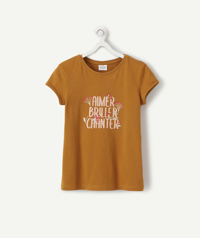 Girl radius - MUSTARD YELLOW T-SHIRT IN ORGANIC COTTON WITH A MESSAGE AND FLOWERS