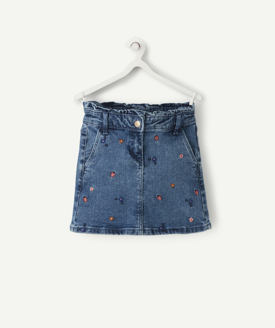 Outlet radius - GIRLS' SHORT DENIM SKIRT WITH EMBROIDERED STRAWBERRIES AND FLOWERS