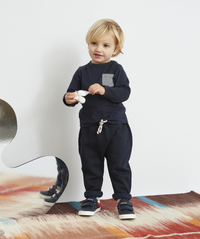 Trousers radius - BABY BOYS' NAVY BLUE HAREM-STYLE JOGGING PANTS IN RECYCLED COTTON