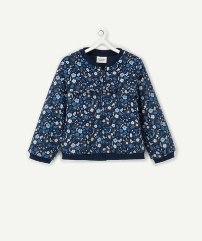 Comfortable fleece radius - BABY GIRLS' BLUE AND FLOWER-PATTERNED FRILLY JACKET IN RECYCLED COTTON